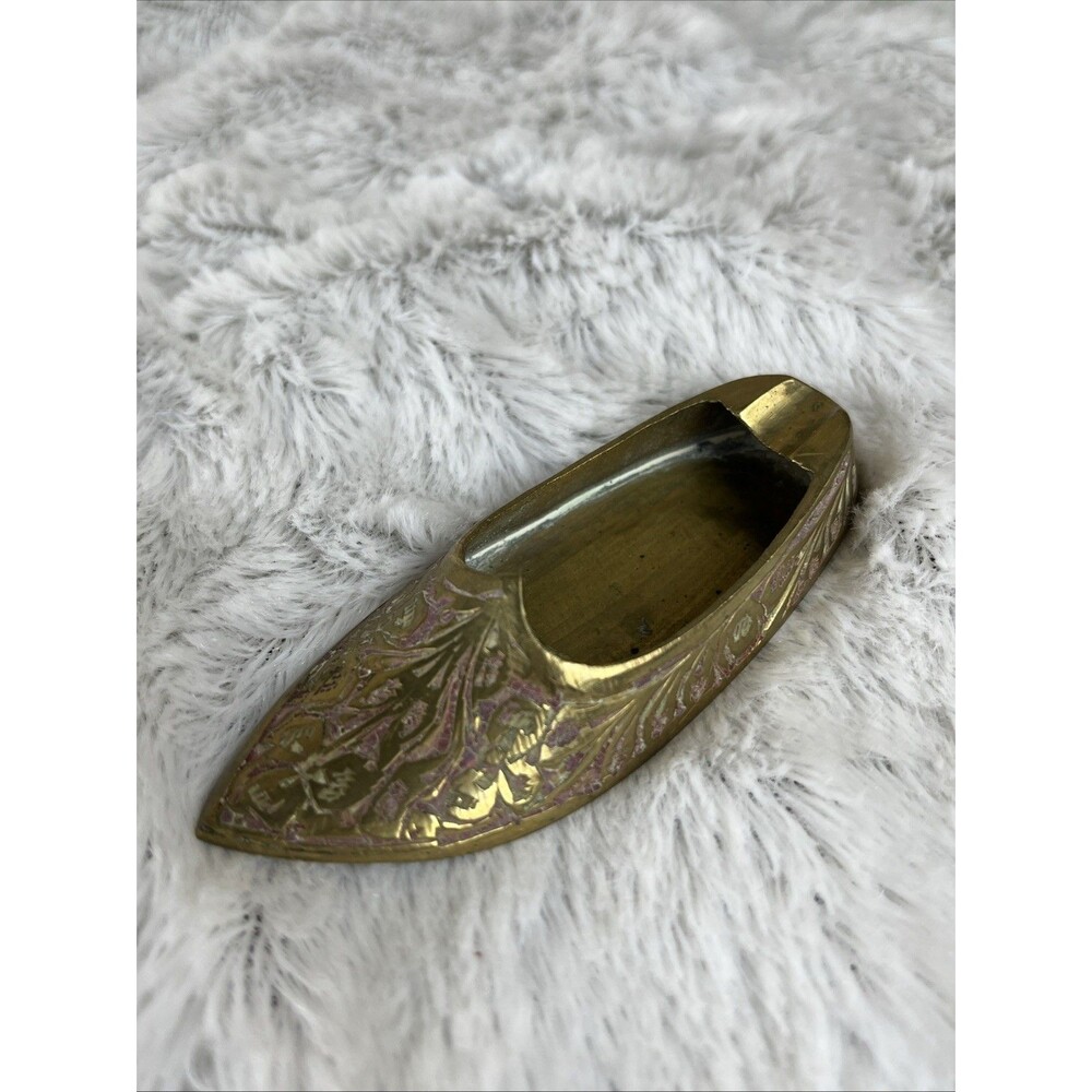 Vintage Brass Ashtray Shoe 3.5” with Floral Carvings, made in India